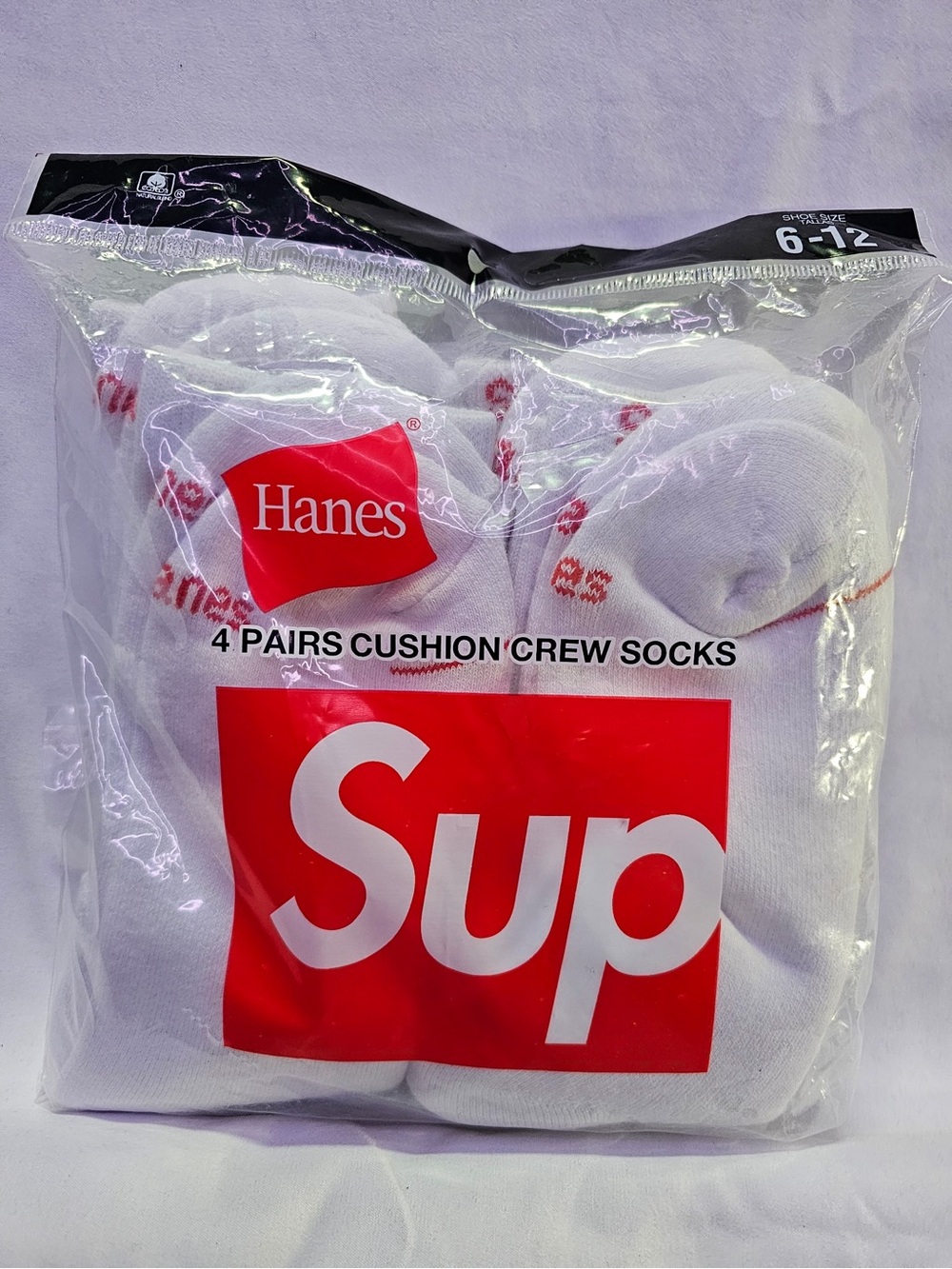 Supreme Hanes White Crew Cushion Socks with Red Logo - 4 Pairs